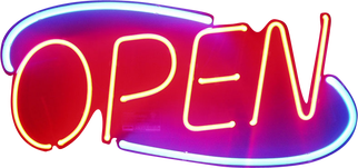A neon open sign, with red lettering and a blue oval framing it