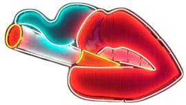 A neon sign of a mouth with a cigarette, the llips are bright red and the smoke is teal