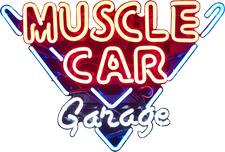 A neon sign. It reads "Muscle Car" in thick red letters with "Garage" in cursive below. The background is a blue "V"