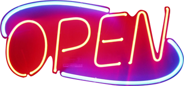 A neon open sign, with red lettering and a blue oval framing it