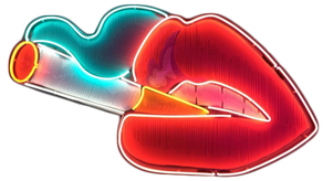 A neon sign of a mouth with a cigarette, the llips are bright red and the smoke is teal